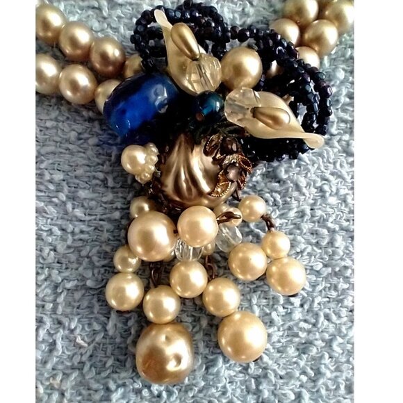 1940s Unsigned Haskell or Robert Faux Pearl Blue Glass Bead 2 Strand Necklace - Picture 3 of 12